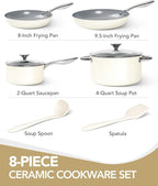 MICHELANGELO Pots and Pans Set Non Stick - Titanium Cookware Set Non Toxic Ceramic Coating, 8-Pcs Nonstick Pots and Pans with Ergonomic Handle, Dishwasher Safe & Induction Compatible, Cream