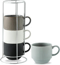 HASENSE Large Coffee Mug Set of 4 with Rack - 15 oz Stacking Ceramic Ribbed Latte Cups Set for Cappuccino, Tea, Hot Cocoa, Drinks - Dishwasher & Microwave Safe Assorted Colors