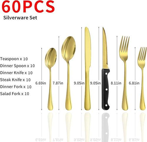60-Piece Gold Silverware Set with Steak Knives Gold Stainless Steel Flatware Set for 10 Food Grade Tableware Cutlery Set Rust-proof, Mirror Polished, Dishwasher Safe