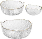 Glass Salad Bowl Irregular Lotus Flower Shape Serving Bowls, Mixing Nut Bowls for Kitchen Fruist, Snack, Dessert, and Ice Cream Candy Dishes (Crystal Clear with Gold Rim, Set of 3 (L,M,S))