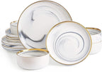 Pokini Marble Gold Rim Dinnerware Sets, Porcelain Plates and Bowls Sets, Modern Luxury Dish Set for 4, White Grey China Dinner Set for Special Occasions, Hand Wash Quickly