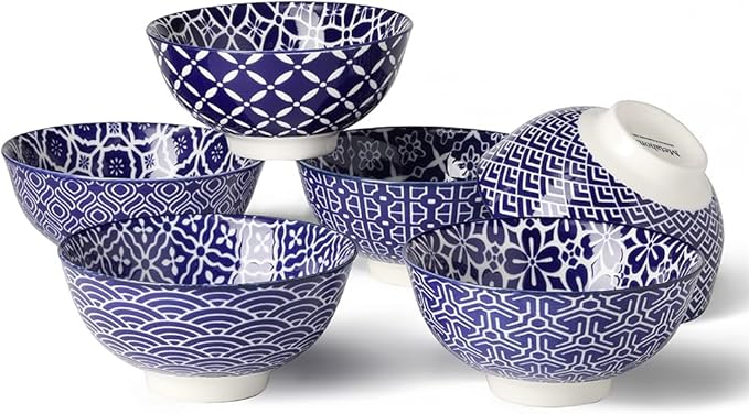 Metahom Blue and White Bowls, Ceramic Dessert Bowls 10 Oz, Porcelain Bowl Set for Ice Cream, Decorative Bowls for Snack Soup Condiments, Side Dishes, Set of 6
