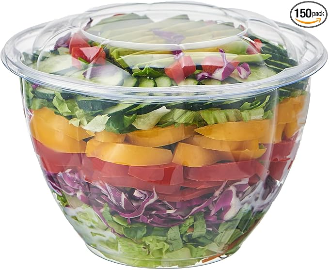 Jaluxing [48 oz. 150 Sets Clear Plastic Salad Bowls with Airtight Lids Disposable To Go Mixing Containers Serving for Fruit, Quinoa, Lunch and Meal Prep