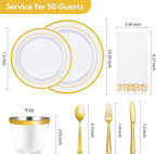 Goodluck 350 Pieces Gold Dinnerware Set for 50 Guests, Plastic Plates Disposable for Party, Include: 50 Gold Rim Dinner Plates, 50 Dessert Plates, 50 Paper Napkins, 50 Cups, 50 Gold Silverware Set