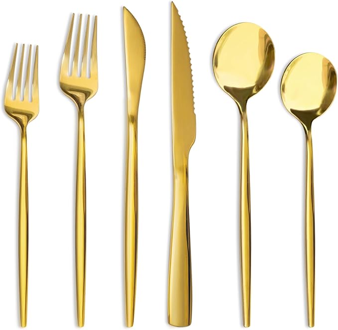 Astercook 24-Piece Gold Silverware Set with Steak Knives Flatware Set for 4 Food-Grade Stainless Steel Cutlery Set Mirror Polished Utensils Set Include Spoons and Forks for Home Kitchen Restaurant