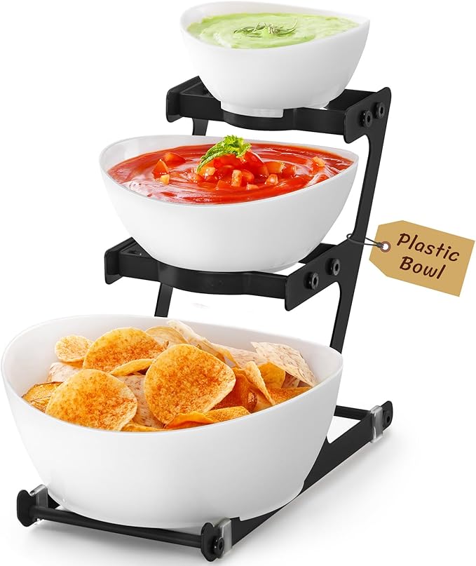Lifewit 3 Tier Plastic Serving Bowls with Black Metal Stand, Chips and Dip Serving Tray Set for Entertaining Party, Crack-Proof Serving Platters for Fruit/Snack/Candy, 31 x 20 x 27 cm/12 x 8 x 10.6