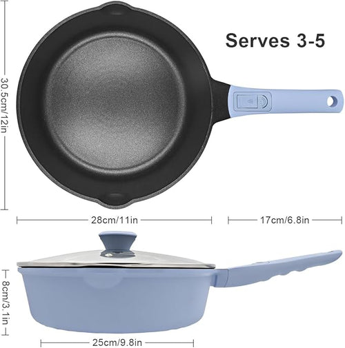12 Inch Non Stick Frying Pans with Lid, 5 QT Nonstick Deep Frying Pan Skillet, Saute Pan with Detachable Handle, Compatible with All Stoves, Oven Safe, PTFE & PFAS-Free, Blue