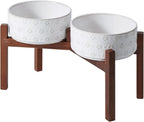 Havniva Ceramic 8.2inch Raised Double-Bowl Set with Acacia Wooden Stand, Food & Water Bowls for Large Breed Dogs, Weighted Dog Dishes, Pet Bowl (60 oz)