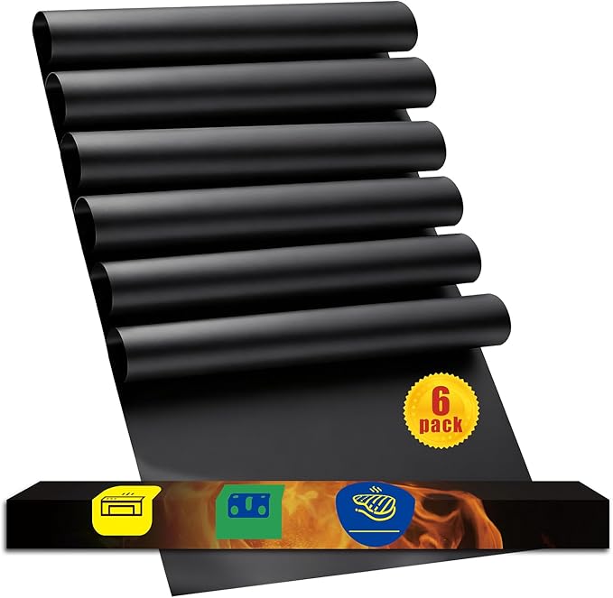BBQ Grill mats for Outdoor Grill 100% Non-Stick Grill Mats&Baking Mats, Heavy Duty,Reusable and Easy to Clean for Gas, Charcoal, Electric Gril 6 PACK (6 Pack, 17"x 25")