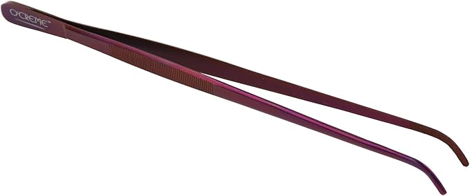 O'Creme Stainless Steel Precision Kitchen Tweezer Tongs with Serrated Tips for Gripping (10" Curved, Purple)