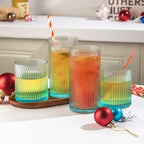 Ribbed Drinking Glasses 8pcs, 12oz and 10oz Glassware, Tumbler Glasses Cup Set for Wedding, Party, Christmas Gift, Blue