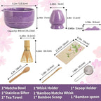 Matcha Set, 8-Piece Ceramic Matcha Bowl & Whisk Kit with Mushroom Pattern, Traditional Japanese Chawan, Bamboo Chasen, Scoop & Sifter, Gift for Tea Lovers, Zen Tea Ceremony Accessories (Purple;)