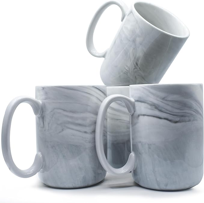 Coffee Mugs Set of 4,16 OZ Large Marble Ceramic Tea Cups with Big Handle,Bulk Grey Marble Diner Mugs Set for Latte, Beer,Cappuccino,Microwave Dishwasher Safe Cup for Men Women Gift