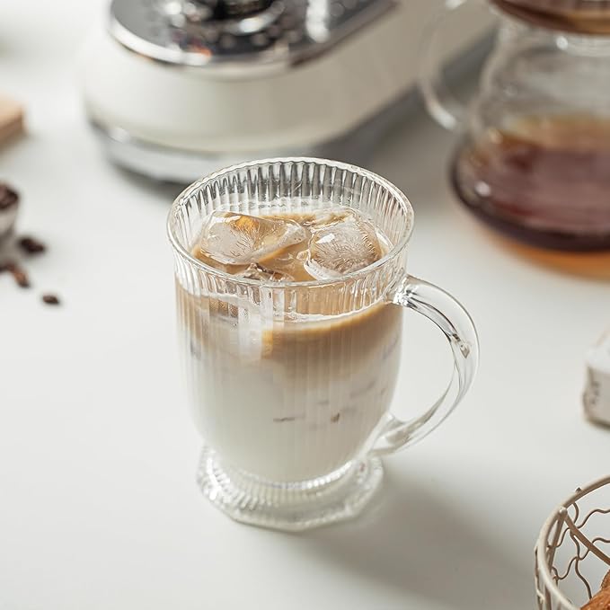 KEMORELA Glass Coffee Mugs Set of 4, Ribbed Large Coffee Mug 16 Oz With Handles for Hot Beverages, Clear Mugs for Tea, Cappuccino, Latte, Espresso Coffee, Glass Coffee Cups Large Coffee Mug