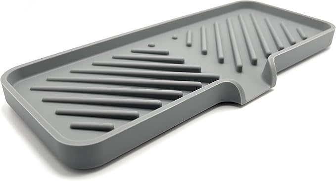 Happitasa Silicone Soap Dish Tray and Sponge Holder with Drain Chute and Feet | 3-Way Sloped Design | Bathroom and Kitchen Sink Organizer Caddy (Grey, 10"x4", 7.8 Ounces)