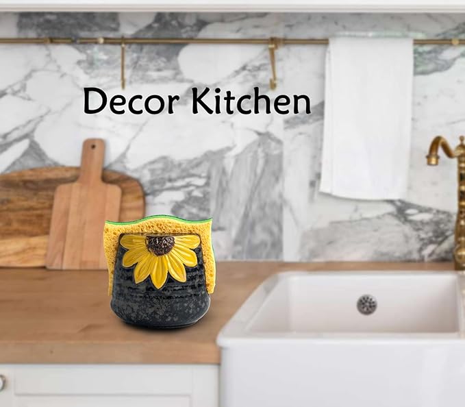 Sunflower Sponge Holder for Kitchen Sink Dish Sponges Holder Fall Autumn Theme Ceramic Kitchen Sink Sponge Holder Yellow Sink Caddy Kitchen Sink Organizer Decor