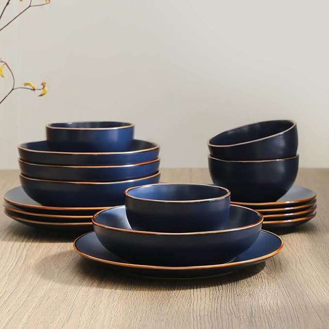 Stone Lain Brasa Stoneware 16 Piece Modern Dinnerware Sets, Plates and Bowls, Service for 4, Blue, Microwave & Dishwasher Safe