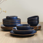 Stone Lain Brasa Stoneware 16 Piece Modern Dinnerware Sets, Plates and Bowls, Service for 4, Blue, Microwave & Dishwasher Safe