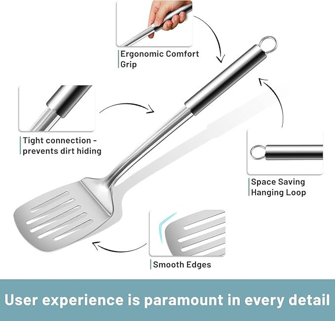 Pleafind Stainless Steel Cooking Utensils Set, 6 Pcs Heat Resistant Kitchen Utensils Set, Nonstick Kitchen Tools for Cooking, Baking, Metal Spatula Set for Chef, Dishwasher Safe
