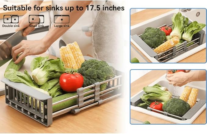 Adjustable Dish Drying Rack with Stainless Steel Drain Basket Over-The-Sink - Portable & Telescopic Space-Saving Solution for Fruit Vegetable