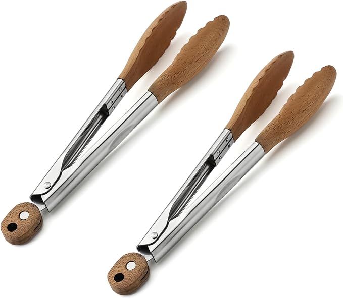 2 Pcs Walnut wood tongs Kitchen Tongs for Cooking 9-Inch Kitchen Tongs Grilling for Serving Food, BBQ, Cooking, and