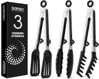 Kitchen Tongs for Cooking, Non Scratch Silicone Tip for Nonstick Cooking Pans, Food Grade Mini Serving Tongs, Pull Lock, Set of 3, Black (BLack, 9 inch)