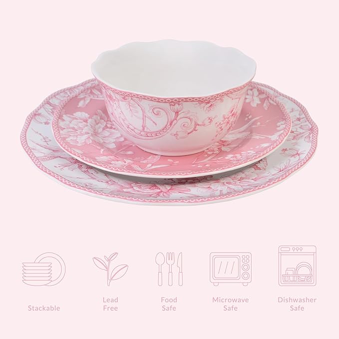 222 Fifth Adelaide Blush 12-Piece Pink Porcelain Dinnerware Set – Service for 4, Big Dinner Plates and Bowls Sets, White with Pink Floral Pattern, for Daily Entertainment, Microwave & Dishwasher Safe