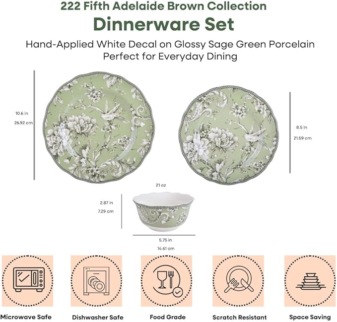222 Fifth Adelaide Sage 12-Piece Green Porcelain Dinnerware Set – Service for 4, Big Dinner Plates and Bowls Sets, Green with White Floral Pattern, for Daily Entertainment, Microwave & Dishwasher Safe