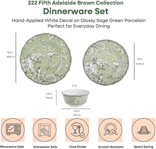 222 Fifth Adelaide Sage 12-Piece Green Porcelain Dinnerware Set – Service for 4, Big Dinner Plates and Bowls Sets, Green with White Floral Pattern, for Daily Entertainment, Microwave & Dishwasher Safe