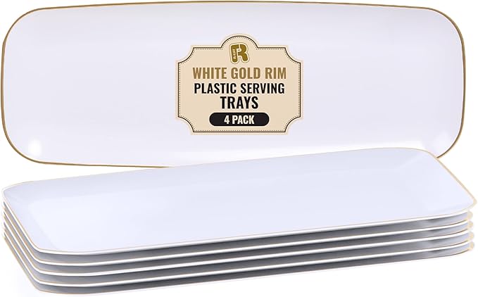 R-kay 4 Pack Plastic Serving Trays - White & Gold - 17 x 6.5 in - Heavy Duty Dessert Trays - Rectangular Party Platters