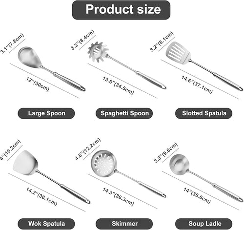 304 Stainless Steel Cooking Utensils Set,6 PCS Metal Cooking Utensils Set,Large Spoon,Spaghetti Spoon,Wok Spatula,Skimmer,Soup Ladle etc(Dishwasher Safe)