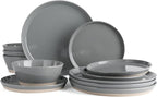 Famiware Saturn Dinnerware Sets for 4, 12 Pieces Stoneware Plates and Bowls Dish Set - Chip and Scratch Resistant, Microwave and Dishwasher Safe Tableware, Dark Gray