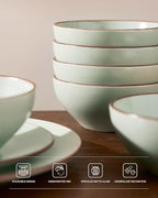Famiware Venus Plates and Bowls Sets, 18 Pieces Stoneware Speckled Dishes Dinnerware Set for 6, Light Green - Microwave & Dishwasher Safe, Modern Minimalist, for Everyday Meals & Formal Dining