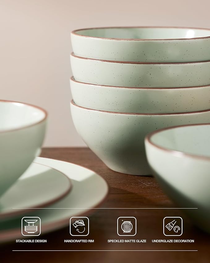 Famiware Venus Plates and Bowls Sets, 12 Pieces Stoneware Speckled Dishes Dinnerware Set for 4, Light Green - Microwave & Dishwasher Safe, Modern Minimalist, for Everyday Meals & Formal Dining