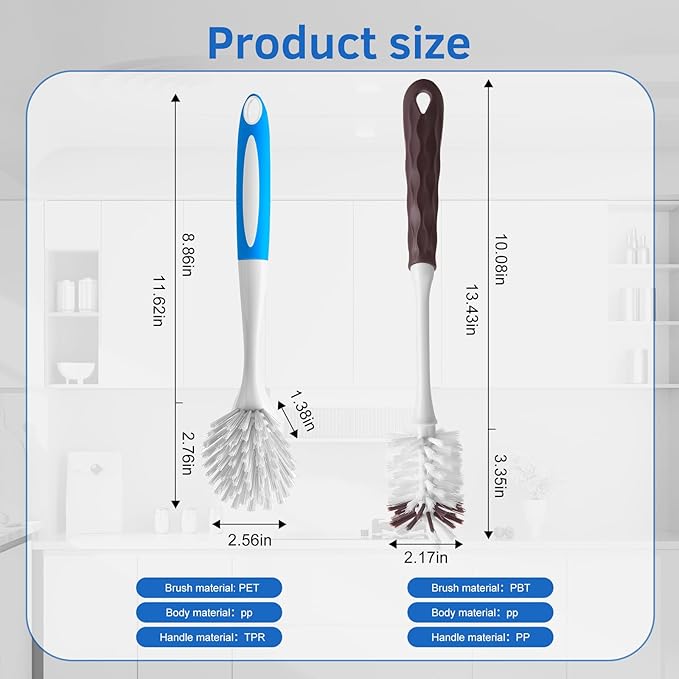 Long Handle Kitchen Cleaning Brush Set of 2, Long Handle Tableware Brush for Dishes, Sinks, pots, Pans, Long Handle Bottle Brush for Water Bottles, Glassware