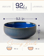getstar Large Serving Bowls (9.5 inch & 92 fl oz), Ceramic Salad Bowl Set of 2, Microwave and Dishwasher Safe (Embossed Stripes, Vintage Blue)