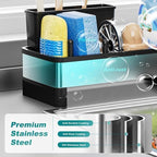 304 Stainless Steel Sink Caddy with Auto-Drain, Rustproof Kitchen Sink Organizer, Sponge Holder with Removable Brush & Towel Rack, Countertop Storage for Soap Dispenser, Kitchen Accessories, Black