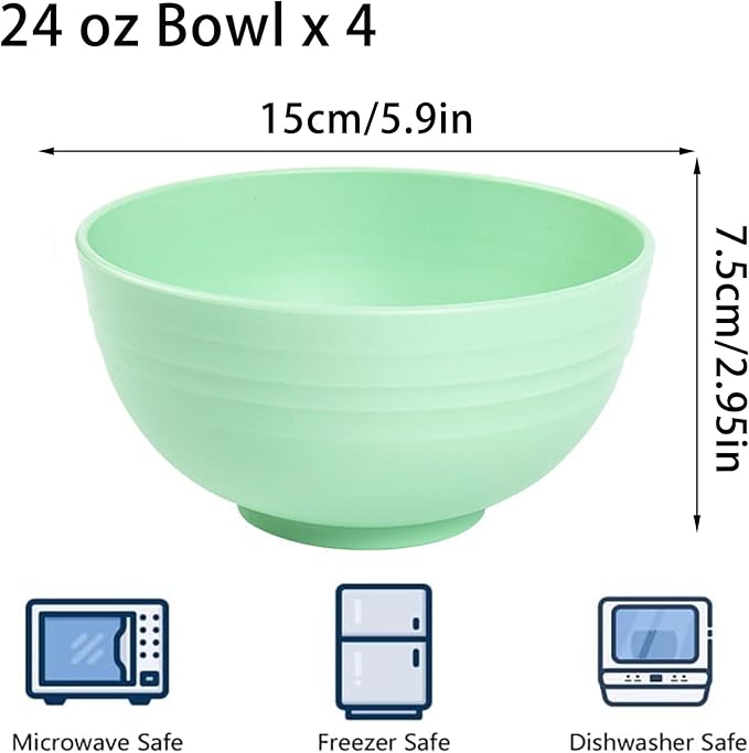 Unbreakable Wheat Straw Cereal Bowls Set of 4, 24 OZ Microwave and Dishwasher Safe Lightweight Soup and Salad Bowl Sets, Reusable Dessert Bowls for Rice, Pasta, Snack, Fruit, BPA Free (Green)
