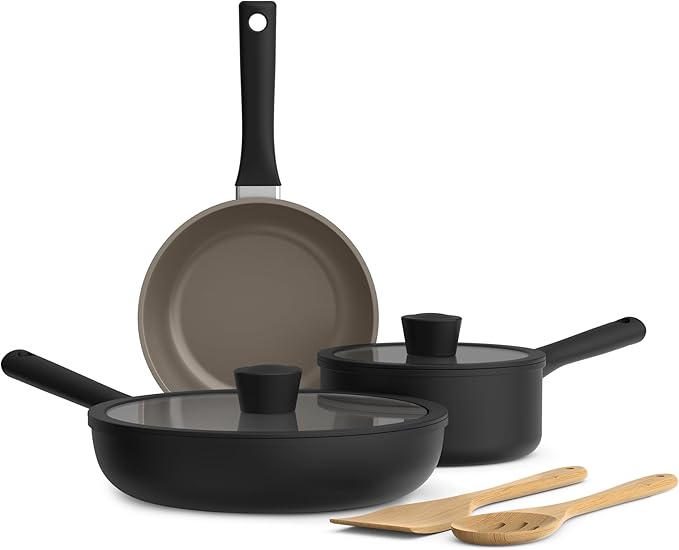 bella 7 Piece Cookware Set with EverGood™ Ceramic Nonstick Coating, Dishwasher Safe Oven Safe, All Stovetops Compatible, Glass Lids with Silicone Rims, Cool Touch Handles, Black