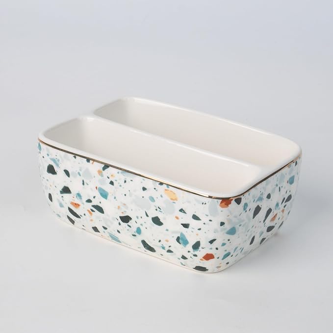 2 Compartments Ceramic Sponge Holder for Kitchen Sink, Cute Floral Countertop Dish Sponges Holder Soap Sink Organizer Farmhouse Caddy (Blue Terrazzo)