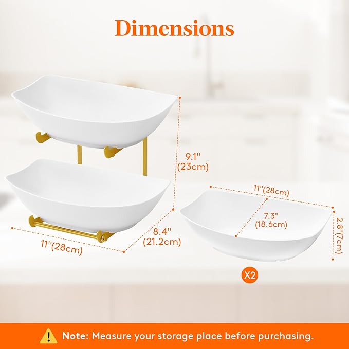 Lifewit Plastic Fruit Bowl for Kitchen Counter, 2 Tier Fruit Basket with Gold Metal Stand, Tiered Fruit Holder for Countertop Serving Tray for Vegetable/Dessert in Party 28 x 21 x 23cm/11 x 8.4 x 9