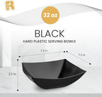 R-kay 6 Pack Square Plastic Serving Bowls - Black Plastic bowls 32 Oz - Premium Black Disposable bowls Heavy Duty For Weddings Catering And Birthday parties