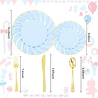 YOUBET 125PCS Clear Blue Gold Plastic Plates - Blue Disposable Plates With Gold Rim Include 25 Dinner Plates 25 Dessert Plates 75 Golden Silverwares for Wedding Birthday & Parties