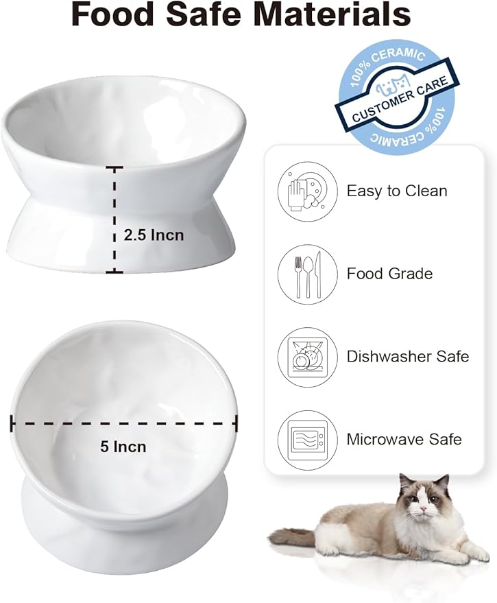 ABRUTY Cat Food Bowl, 5 OZ Ceramic Elevated Kitten Water Bowl, 15° Tilted Raised Pet Feeder, Anti Vomiting and Whisker Friendly Dishes for Fat Faced, Cat, Kitten, Small Dog