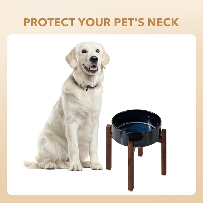 Havniva Ceramic 8.2inch Raised Dog Bowl Set, Elevated with Acacia Wood Stand, Food and Water Bowl for Large Breed Dogs, Weighted Pet Dishes(60oz, Starry Sky)