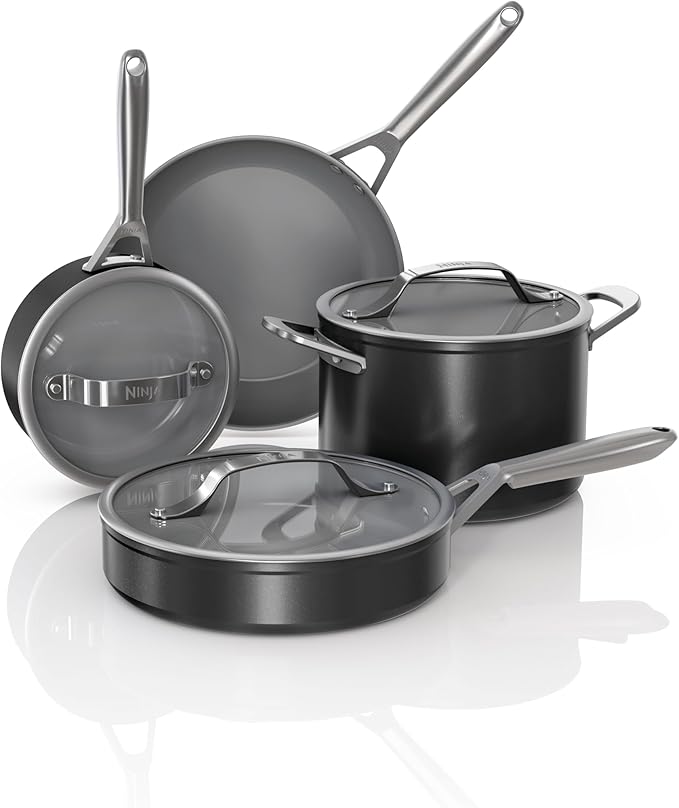 Ninja Ceramic Pro 7-Piece Cookware Set, Non-Stick Pots & Pans Set with Glass Lids, Nontoxic, PTFE Free, Ceramic Coated, Oven Safe, All Stovetops & Induction Compatible, Black, CW39007BK
