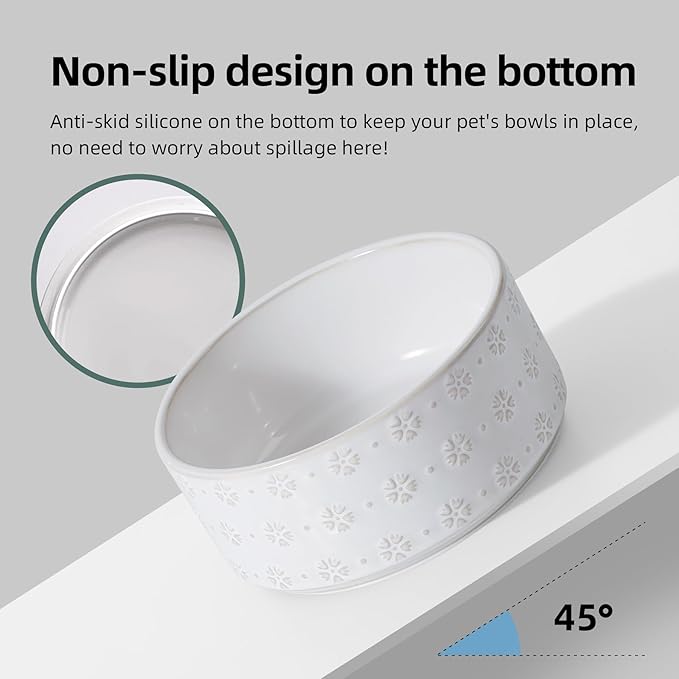 Havniva 7.3inch Ceramic Raised Double Bowls Set with Acacia Wood Stand, Food & Water Bowls for Medium Breed Dogs, Weighted Dog Dishes, Pet Bowl(41OZ, Arctic White)