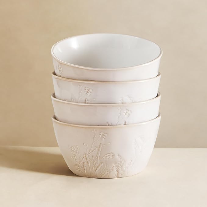 DOWAN 32 OZ Bowls, Soup Bowl Set of 4, Large Ceramic Bowls for Soup, Cereal, Pasta Bowls, Embossed Floral Design, Stackable, Microwave & Dishwasher Safe, for Ramen and Salad