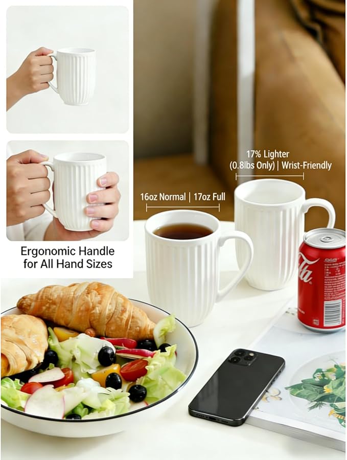 HASENSE Textured Coffee Mugs Set of 4, 16 Oz Ribbed Ceramic Cups with Large Handle for Latte Tea Cappuccino, Stackable Embossed Mug Set for Mom Dad, Microwave Dishwasher Safe, Creamy White
