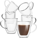 BTaT- Double Walled Glass Coffee Mugs, 16 oz, Set of 6, Glass Coffee Cups with Handle, Insulated Clear Coffee Mug for Hot and Cold Beverages, Cappuccino, Latte, Tea, Americano, Microwave Safe